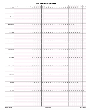 2025-2026 Vertical School Yearly Checklist Calendar Template for Numbers